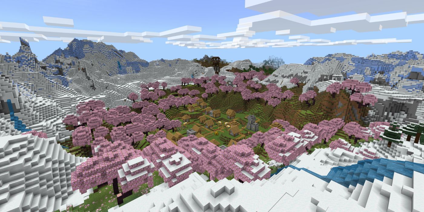 Minecraft Seed with Cherry Blossom Preserve Valley Village surrounded by Snowy Mountains.