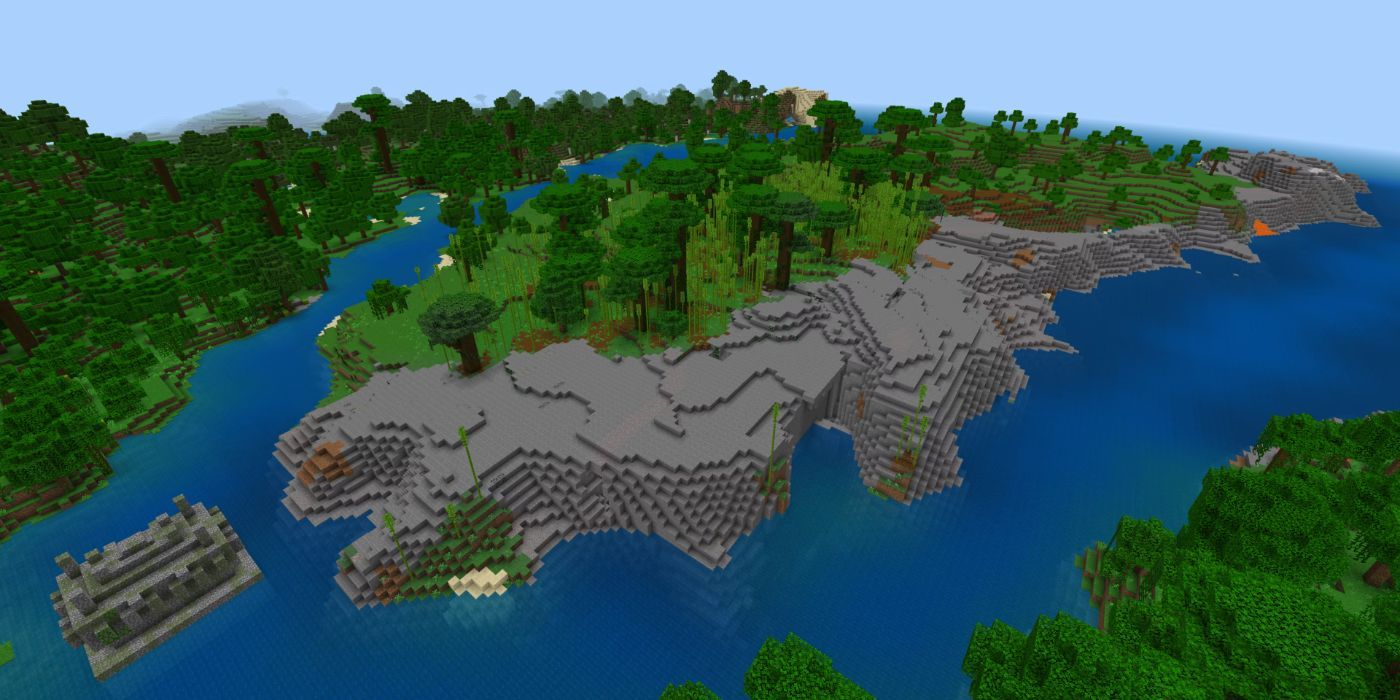 Minecraft Bamboo Forest Island With Stone Beach And Jungle Trees And Jungle Temple In Foreground.