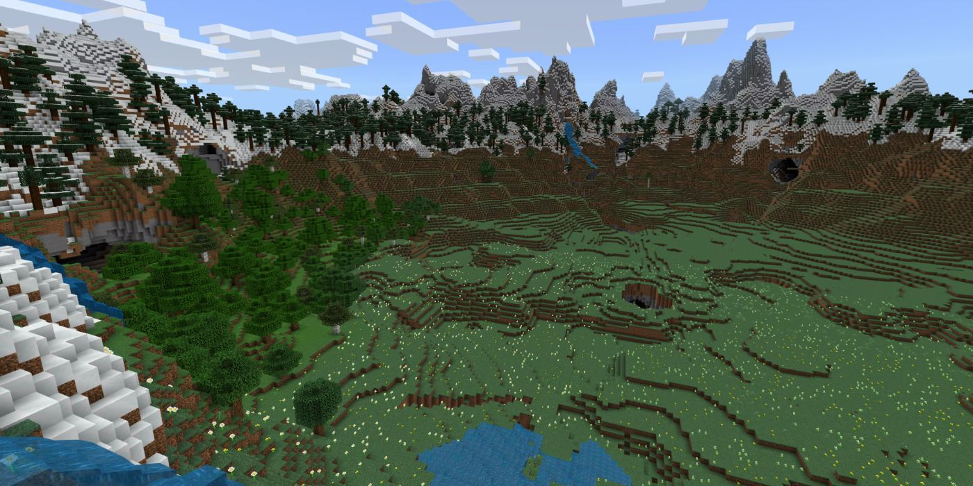 Minecraft Meadow With Small Forest Surrounded By Snowy Mountains.