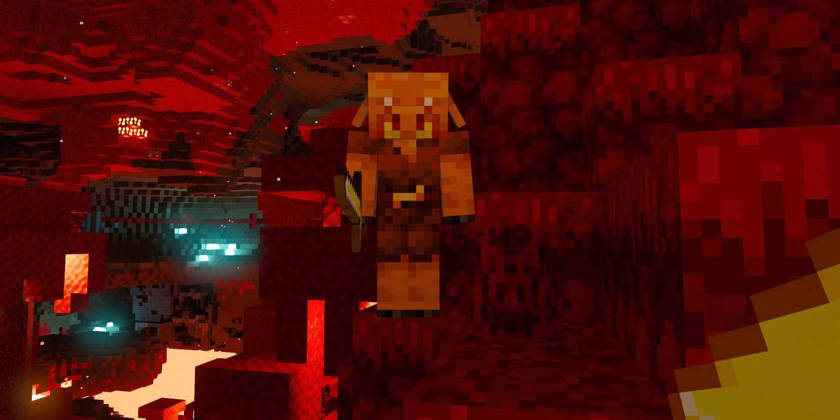 Minecraft player approaching Piglin mob in the Nether to make a trade