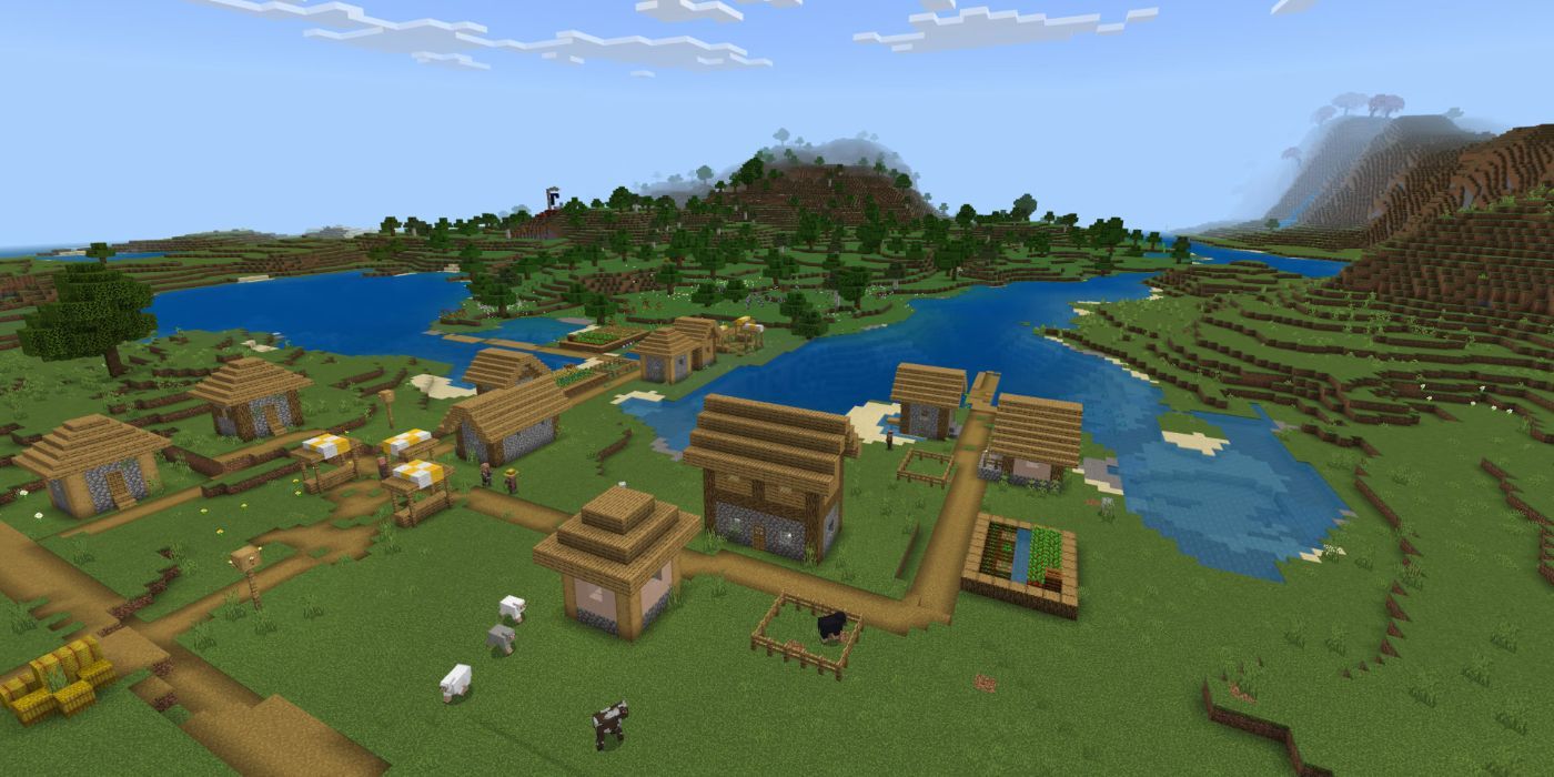 Minecraft Riverside Village With Sheep And Cows Facing Incomplete Nether Portal And Distant Cherry Blossom Biome.