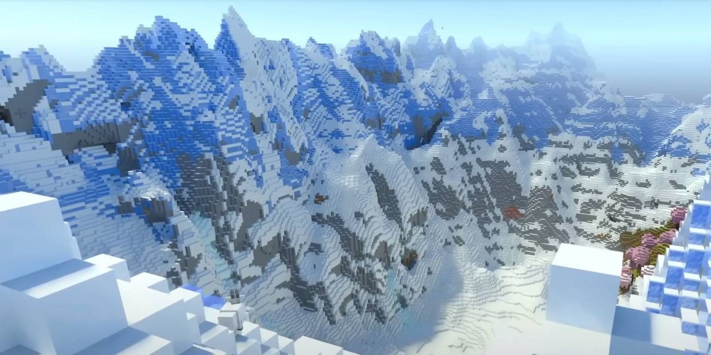 Minecraft Snowy Peaks View from Custom World Seed.