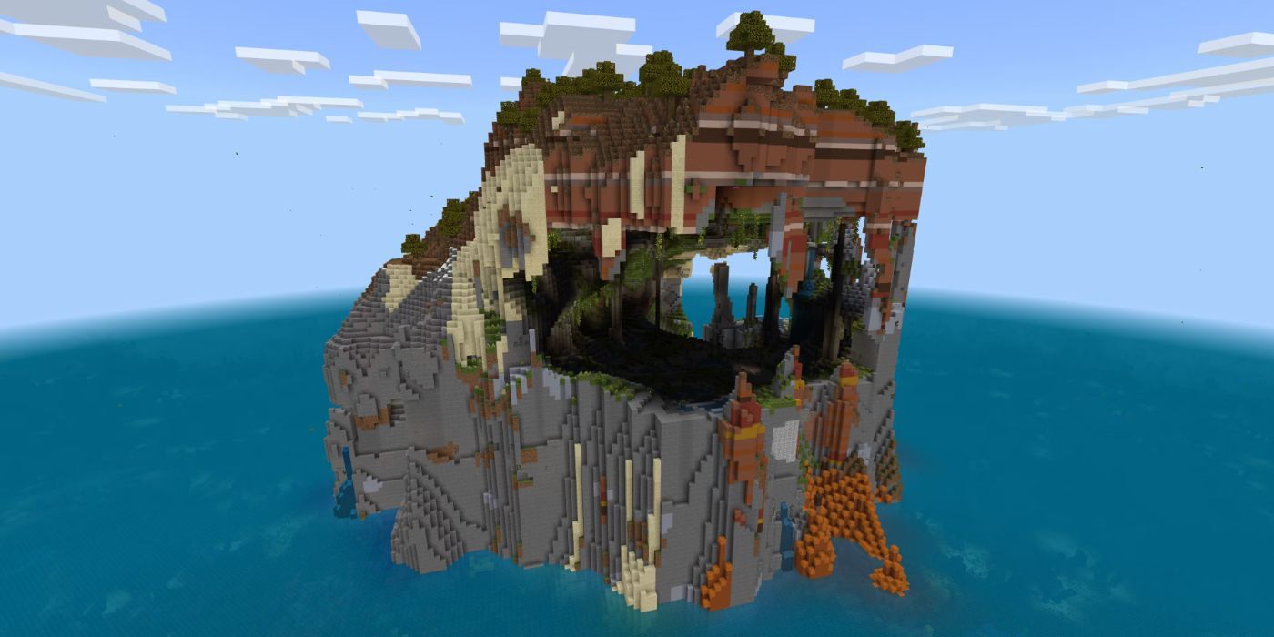 Minecraft Tall Island With Open-Air Lush Cavern Surrounded By Warm Ocean.