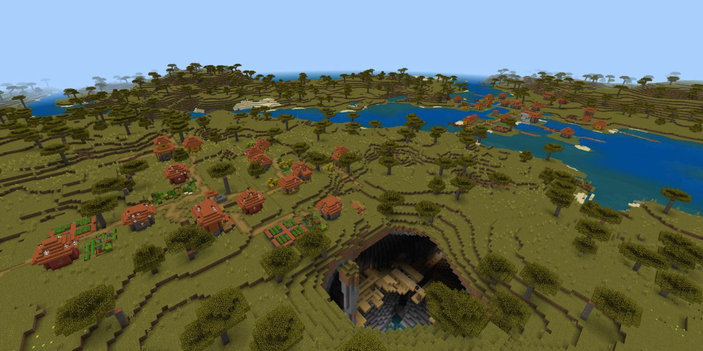 Minecraft Two Savannah Villages Near River And Sinkhole With Abandoned Mineshaft Cavern.