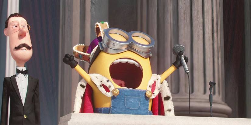 king bob cheering at a podium in minions