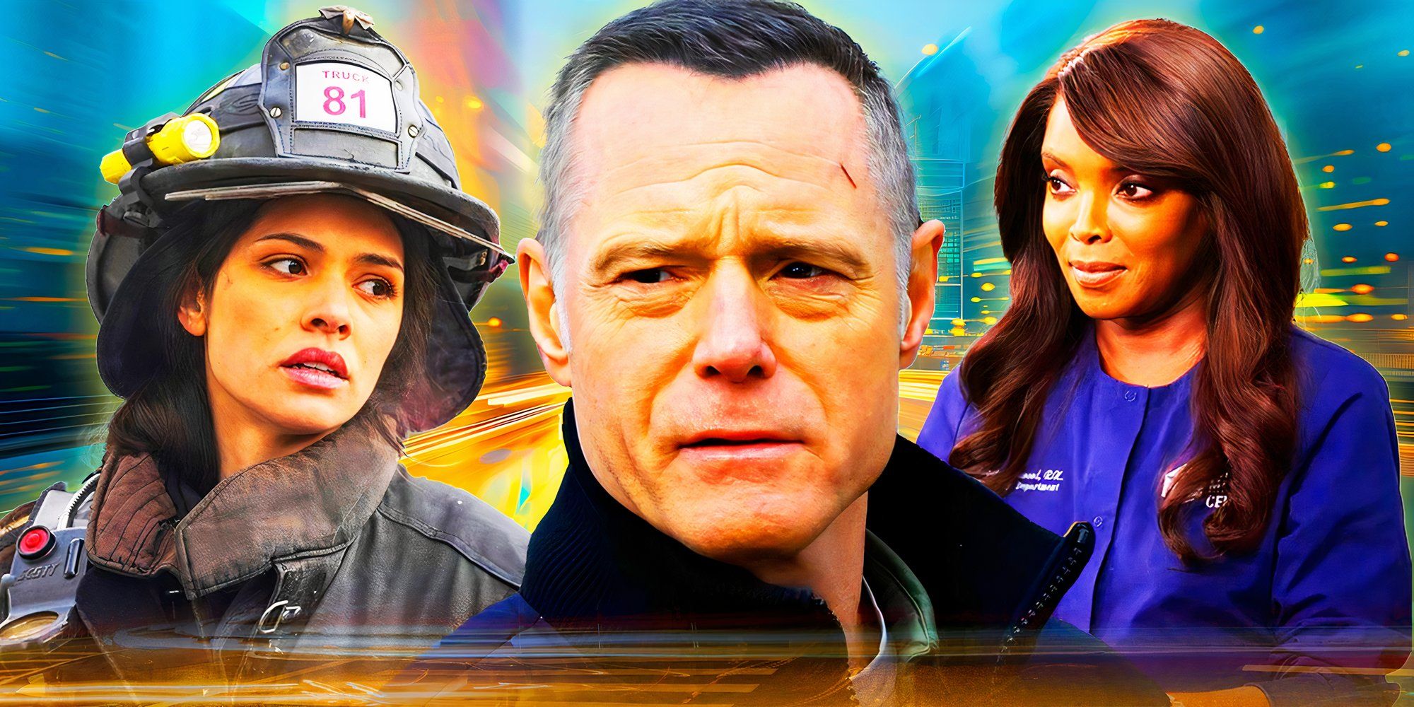 Miranda Rae Mayo as Stella Kidd in Chicago Fire, Marlyne Barrett as Maggie Lockwood in Chicago Med, and Jason Beghe as Hank Voight in Chicago PD.