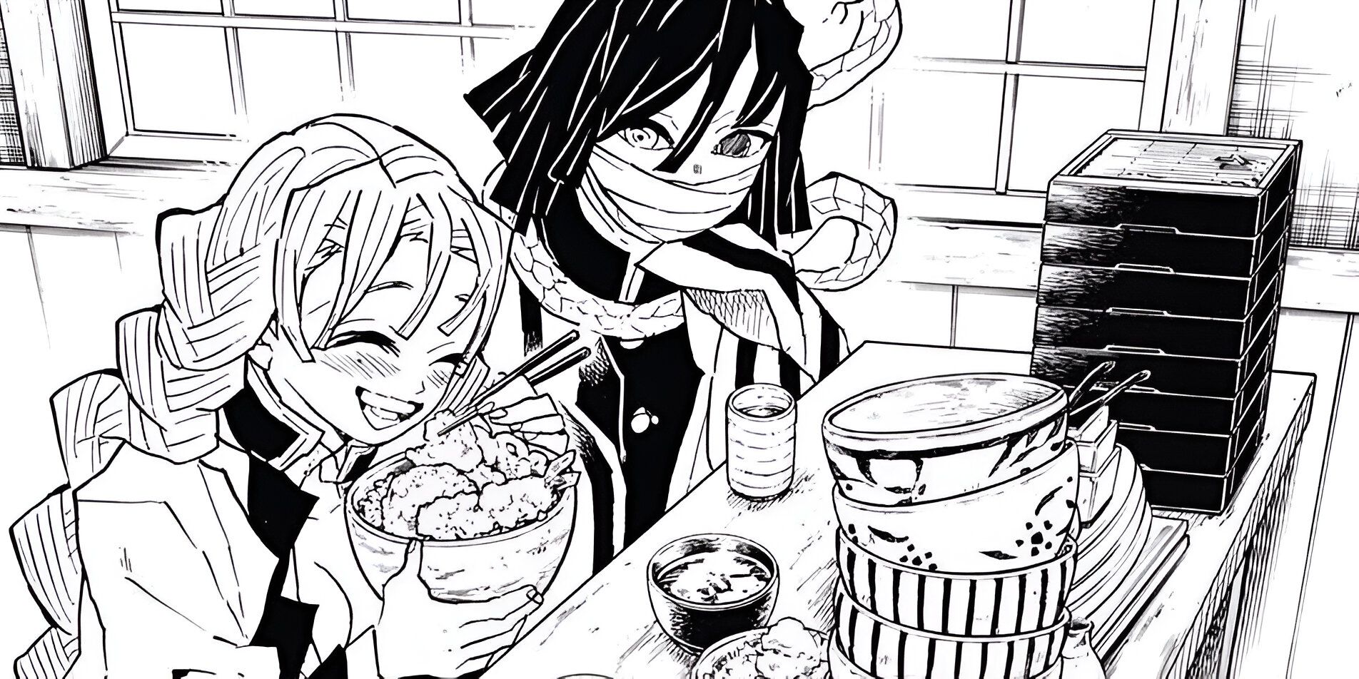 From the Demon Slayer: Kimetsu no Yaiba manga, Mitsuri Kanroji and Obanai Iguro are eating together