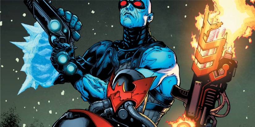 Comic book art: Mr. Freeze with a gun teams up with Batman using a flamethrower.