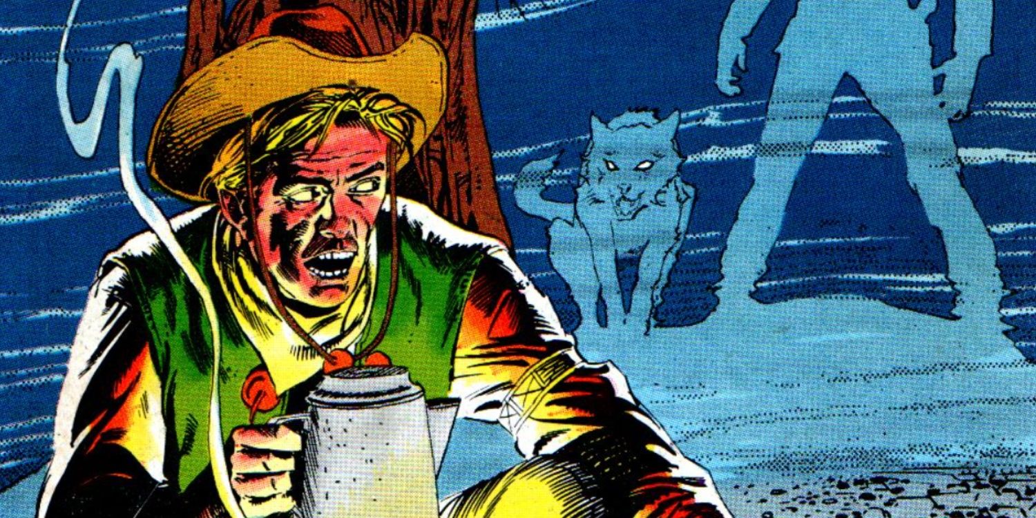 A man sits at a tree as ghosts are behind him