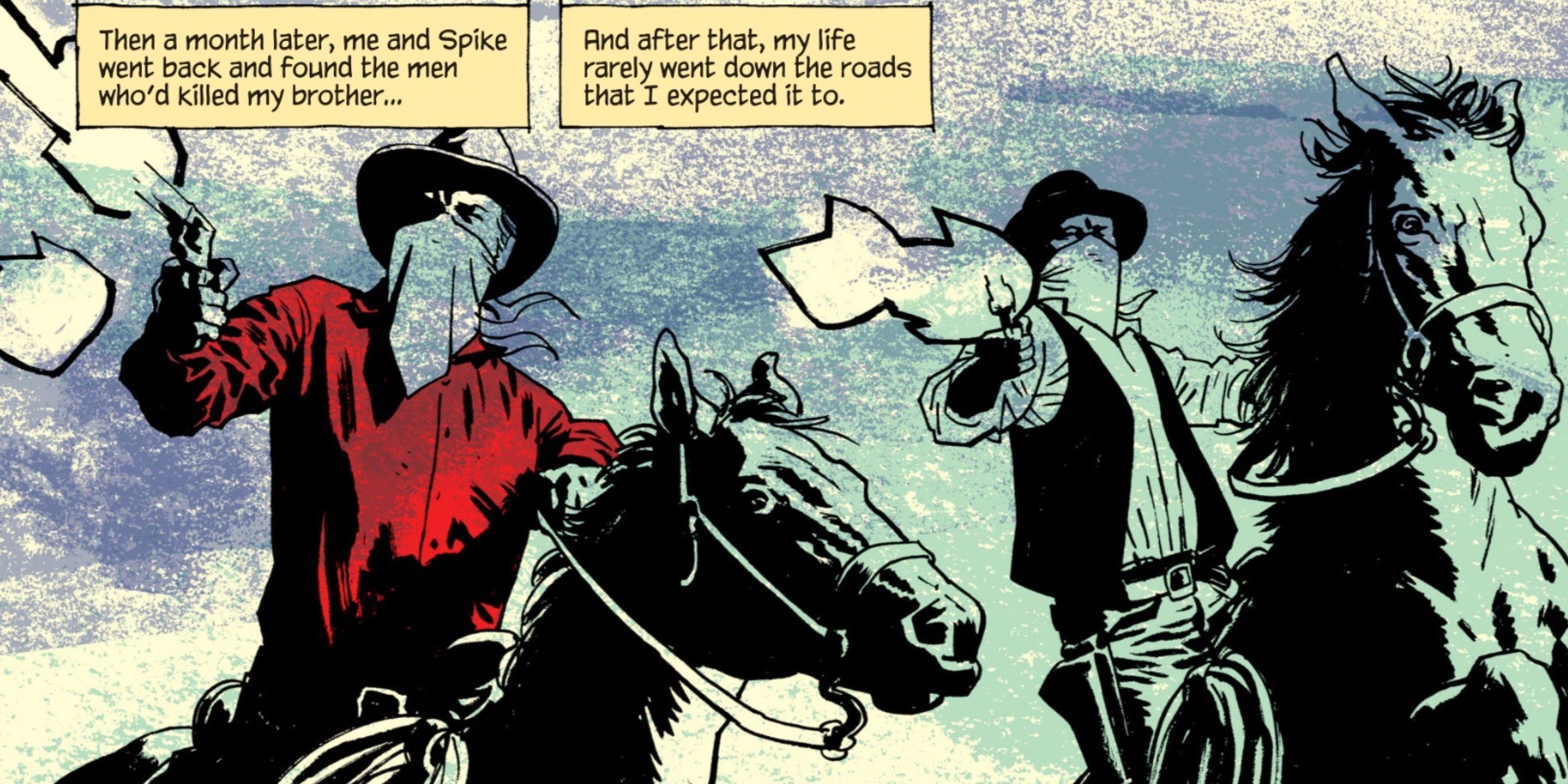 Max Winters and Spike fire guns on horseback