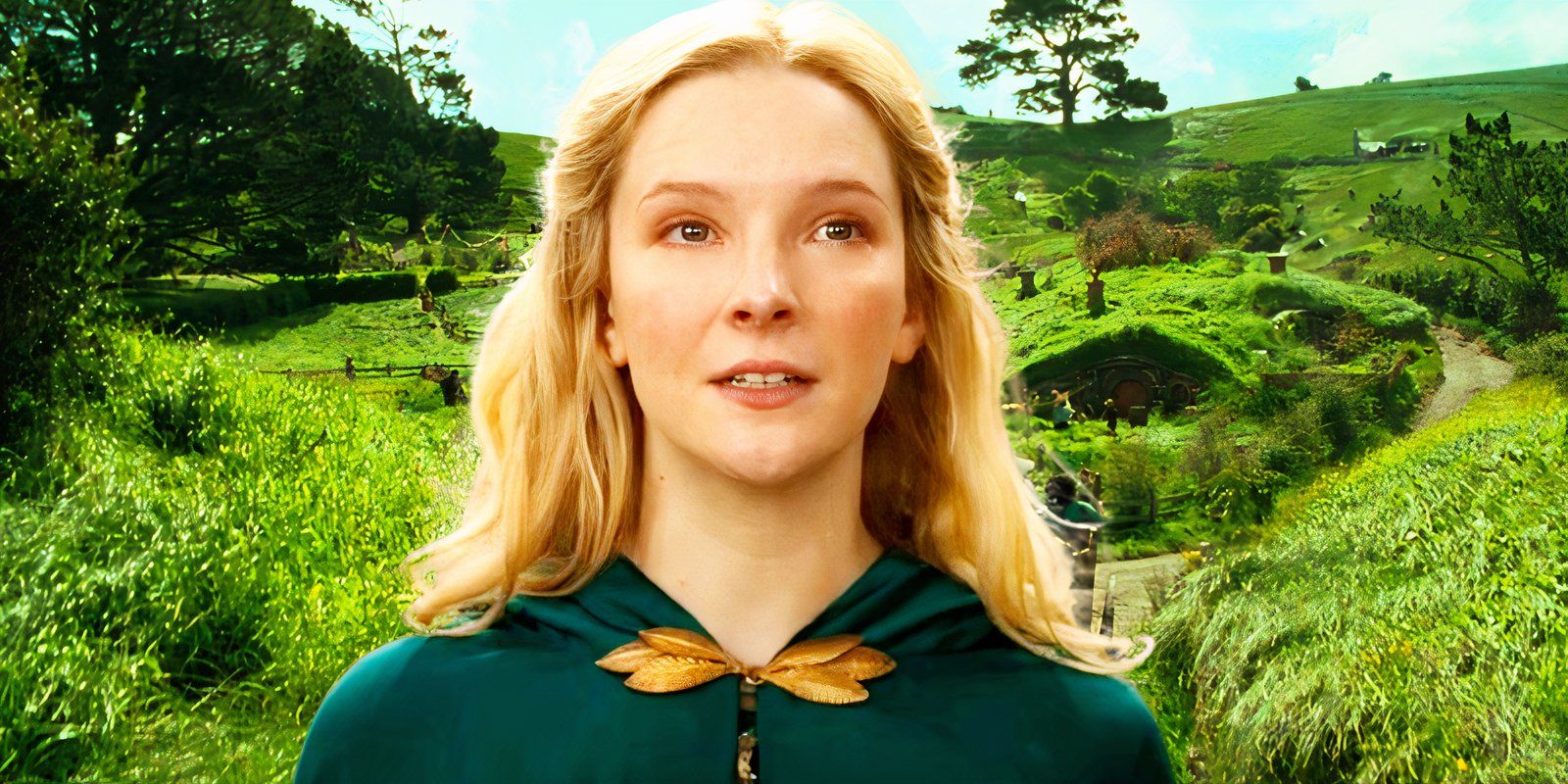 Morfydd Clark as Galadriel in The Rings of Power juxtaposed with The Shire in The Lord of the Rings The Fellowship of the Ring