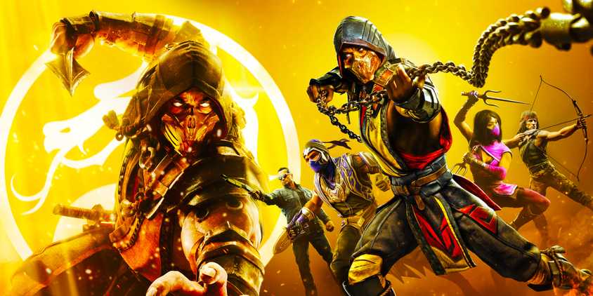 Scorpion and other characters from Mortal Kombat 11 in a type of collage showing off their combo moves