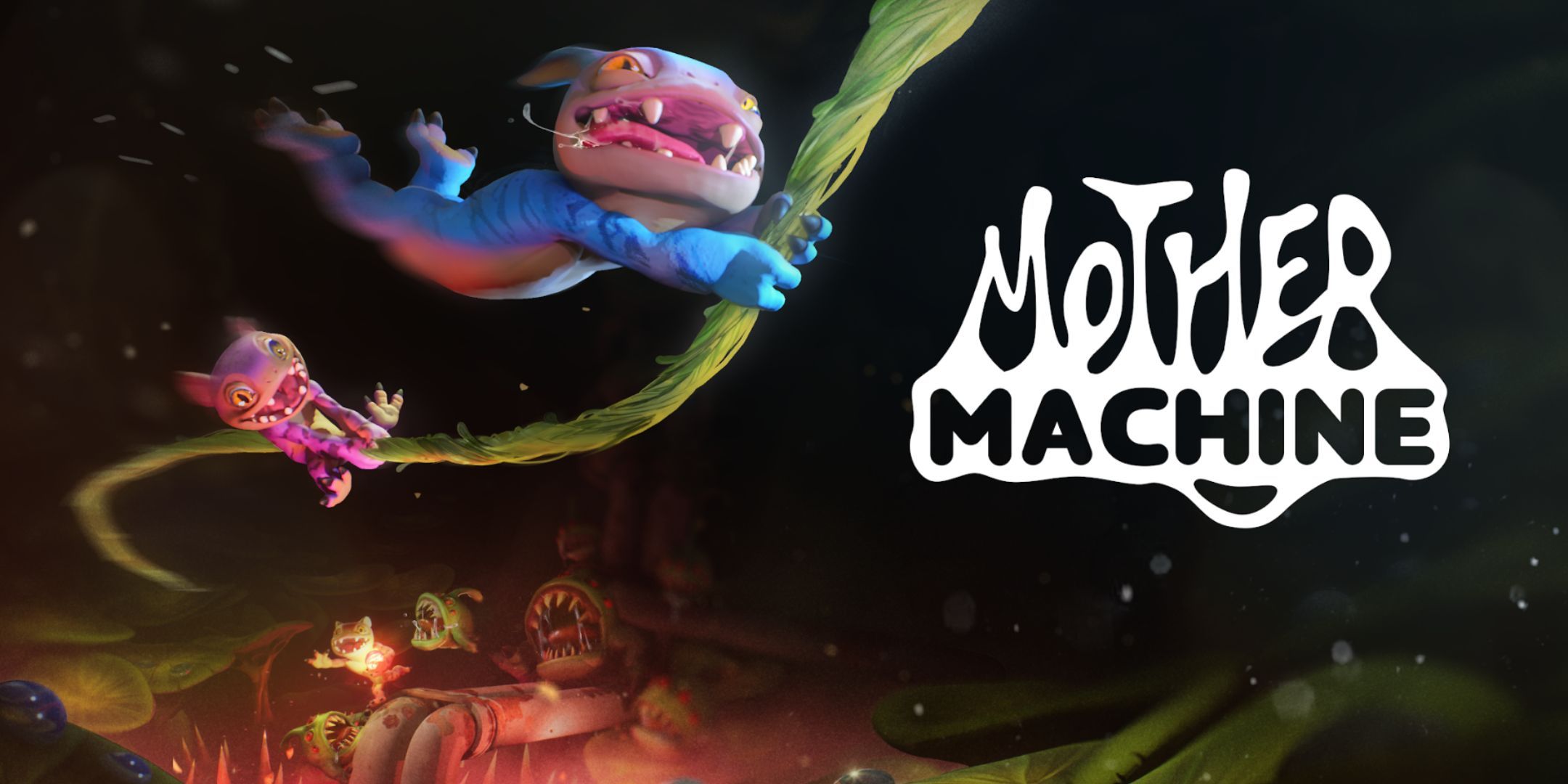 La obra de arte clave de Mother Machine presenta dos gremlins flotando en una enredadera cerca del logo del juego.