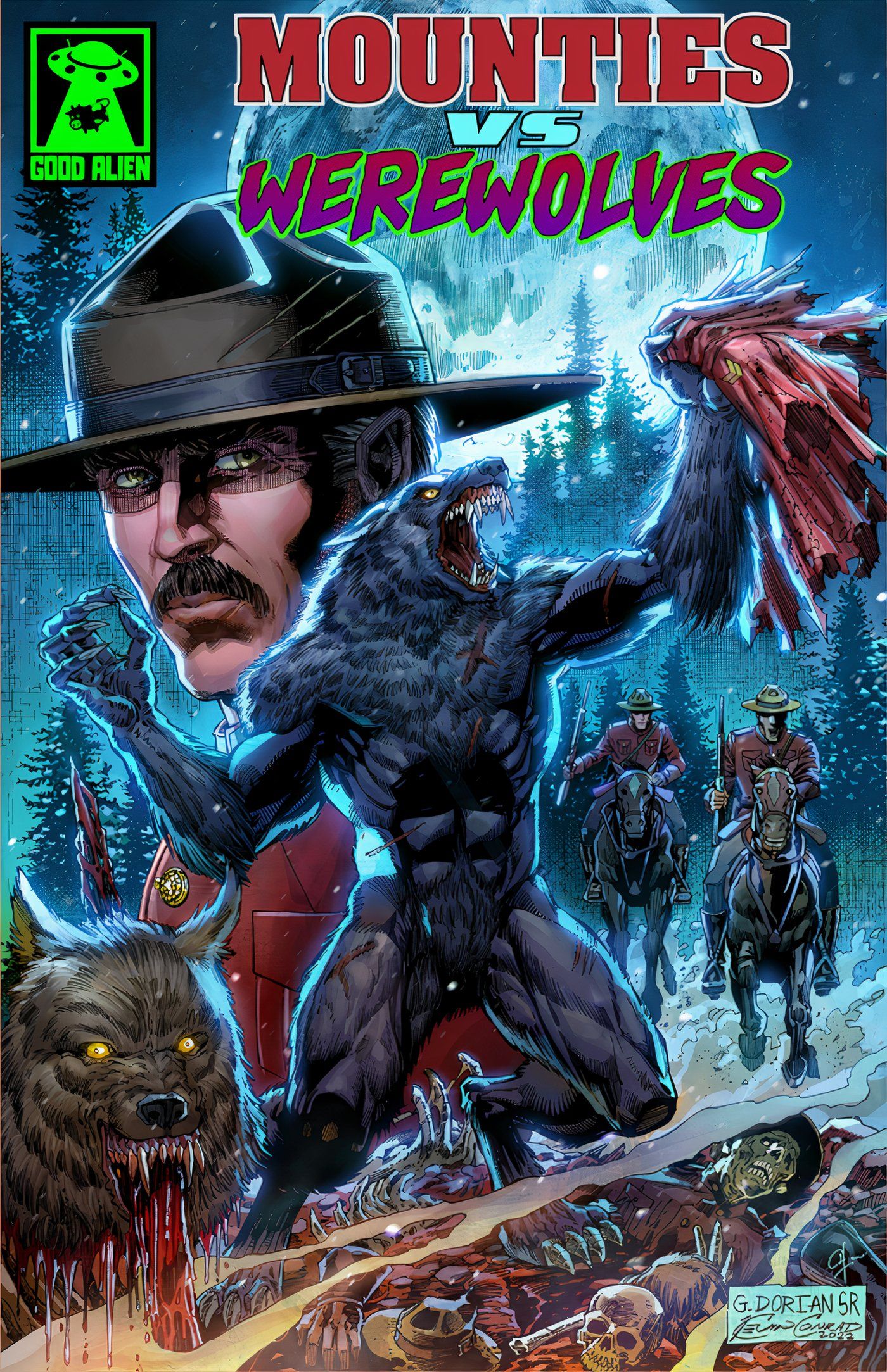 Capa Mounties vs. Werewolves # 1, apresentando Mounties se aproximando em cavalos enquanto lobisomens devoram suas presas.