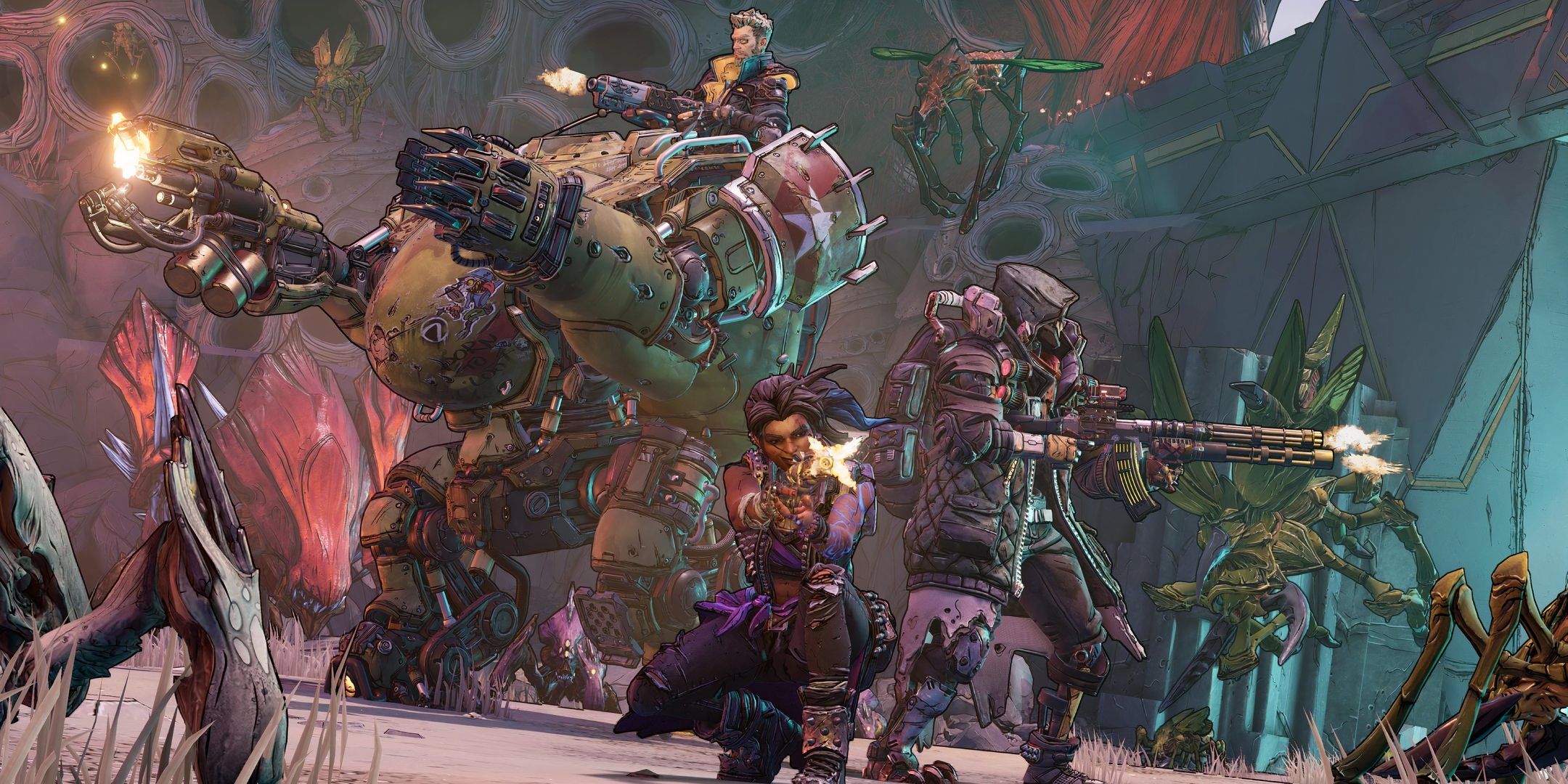 Moze dirigindo um mecha com Zane em cima enquanto Amara e Fl4k atiram nos inimigos de baixo em Borderlands 3.