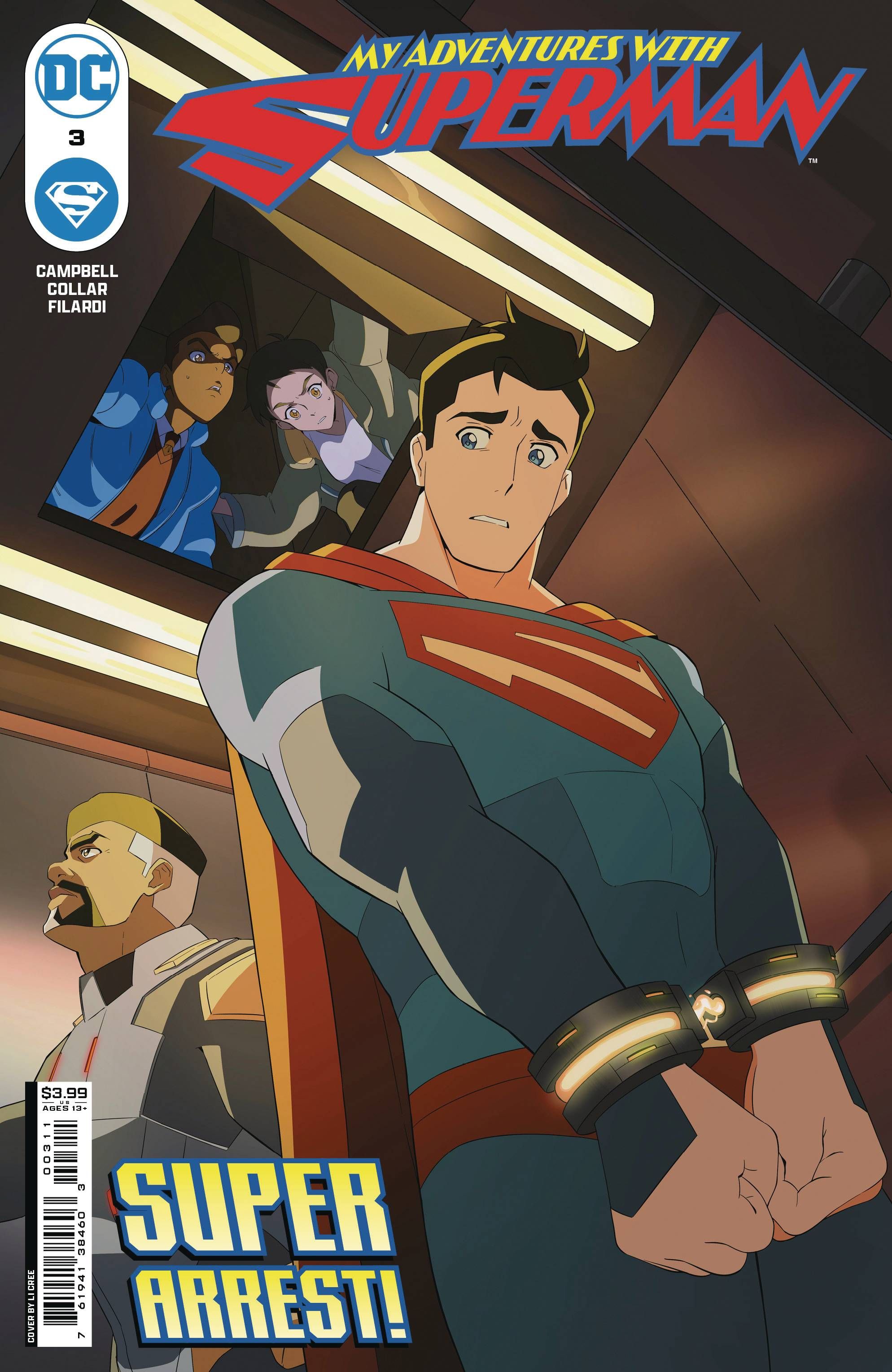 Capa principal de Minhas Aventuras com Superman 3: Superman algemado enquanto Jimmy Olsen e Lois Lane assistem de um duto de ar.