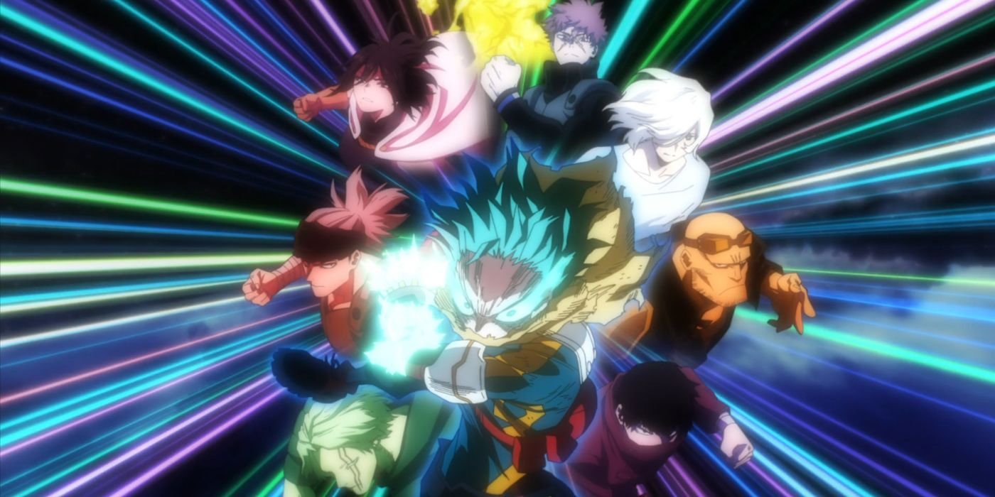 Deku with the past users of One for All behind him.