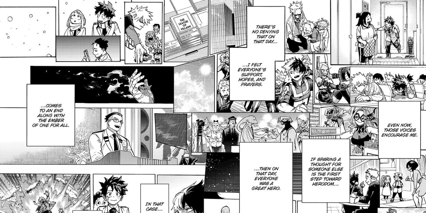 Muitos painéis retratando vários momentos do capítulo final de My Hero Academia.