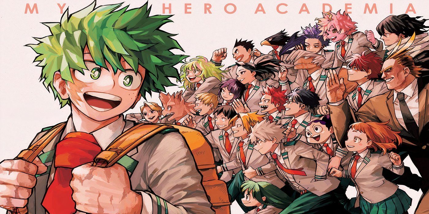 The cover to the final chapter of My Hero Academia depicting Deku looking back at his friends.