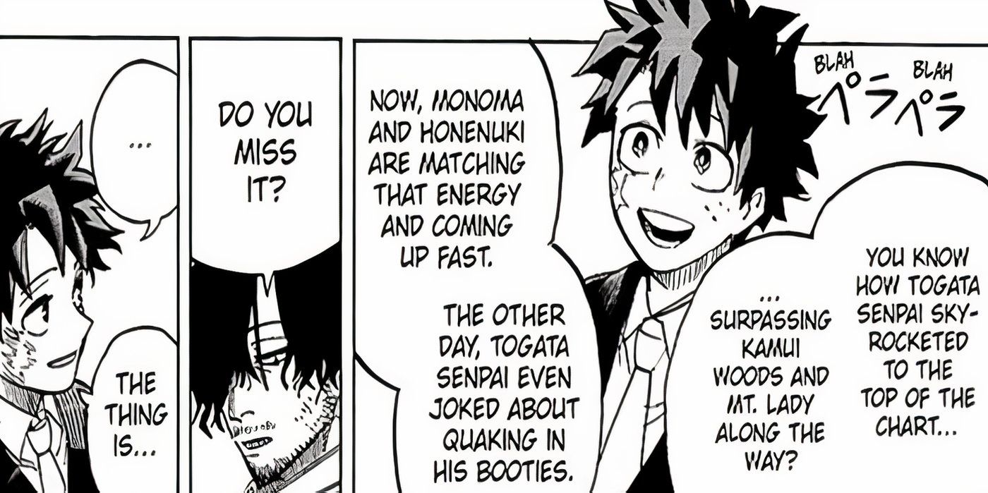 Izuku and Aizawa discussing hero rankings in the final chapter