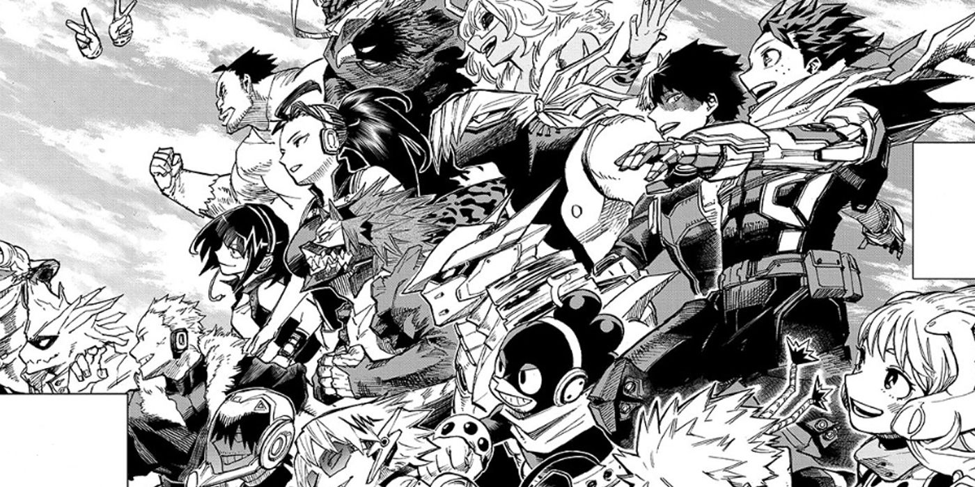 Uma imagem da turma 1-A de My Hero Academia já crescida no final do mangá.