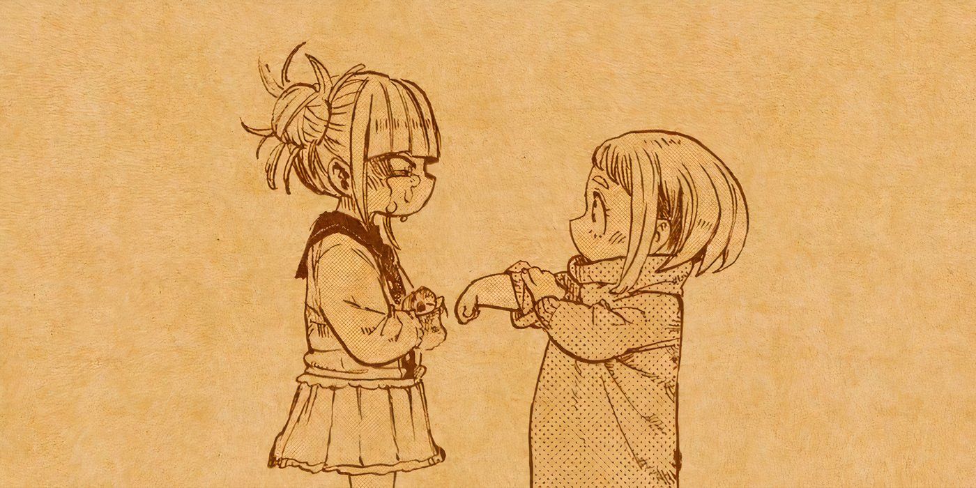 Dibujo de los jóvenes Himiko Toga y Ochaco Uraraka parados uno frente al otro.