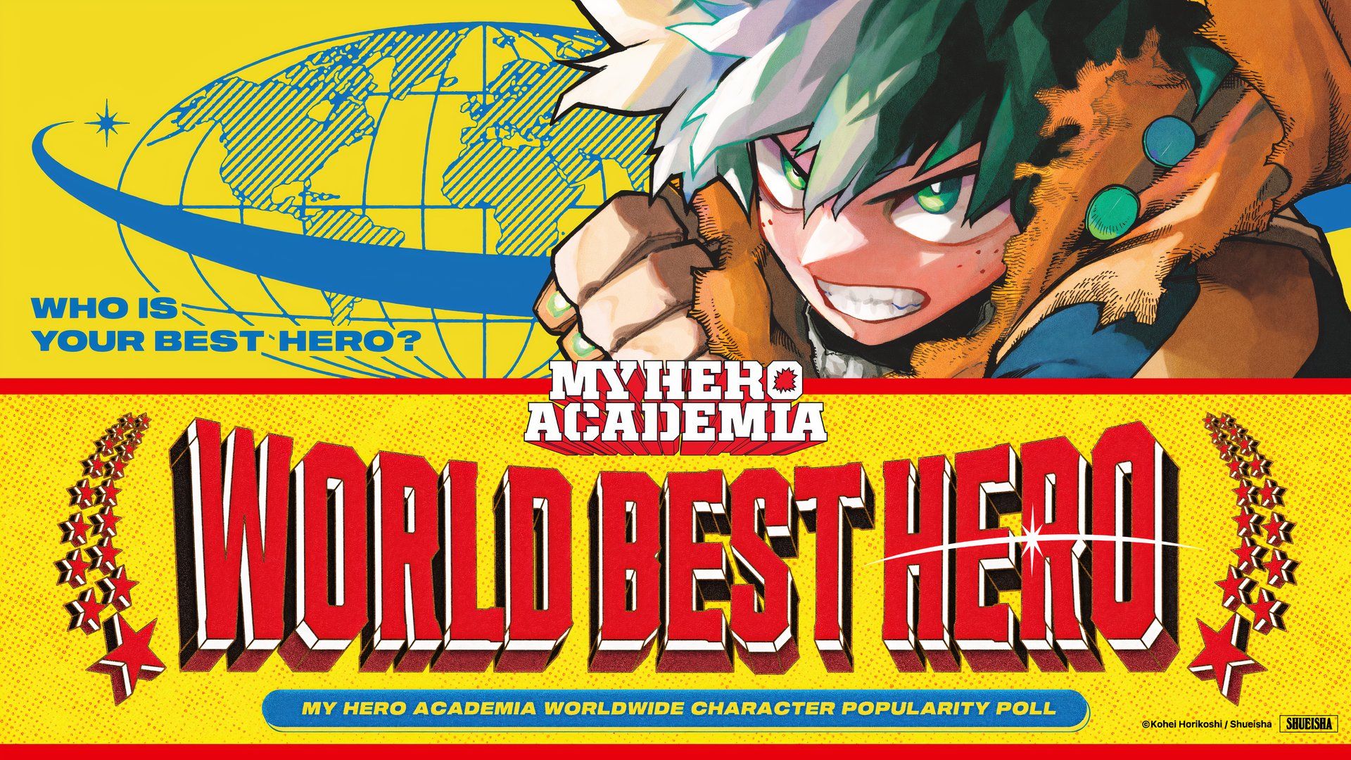 Visual principal da pesquisa de popularidade global de personagens de My Hero Academia com Deku