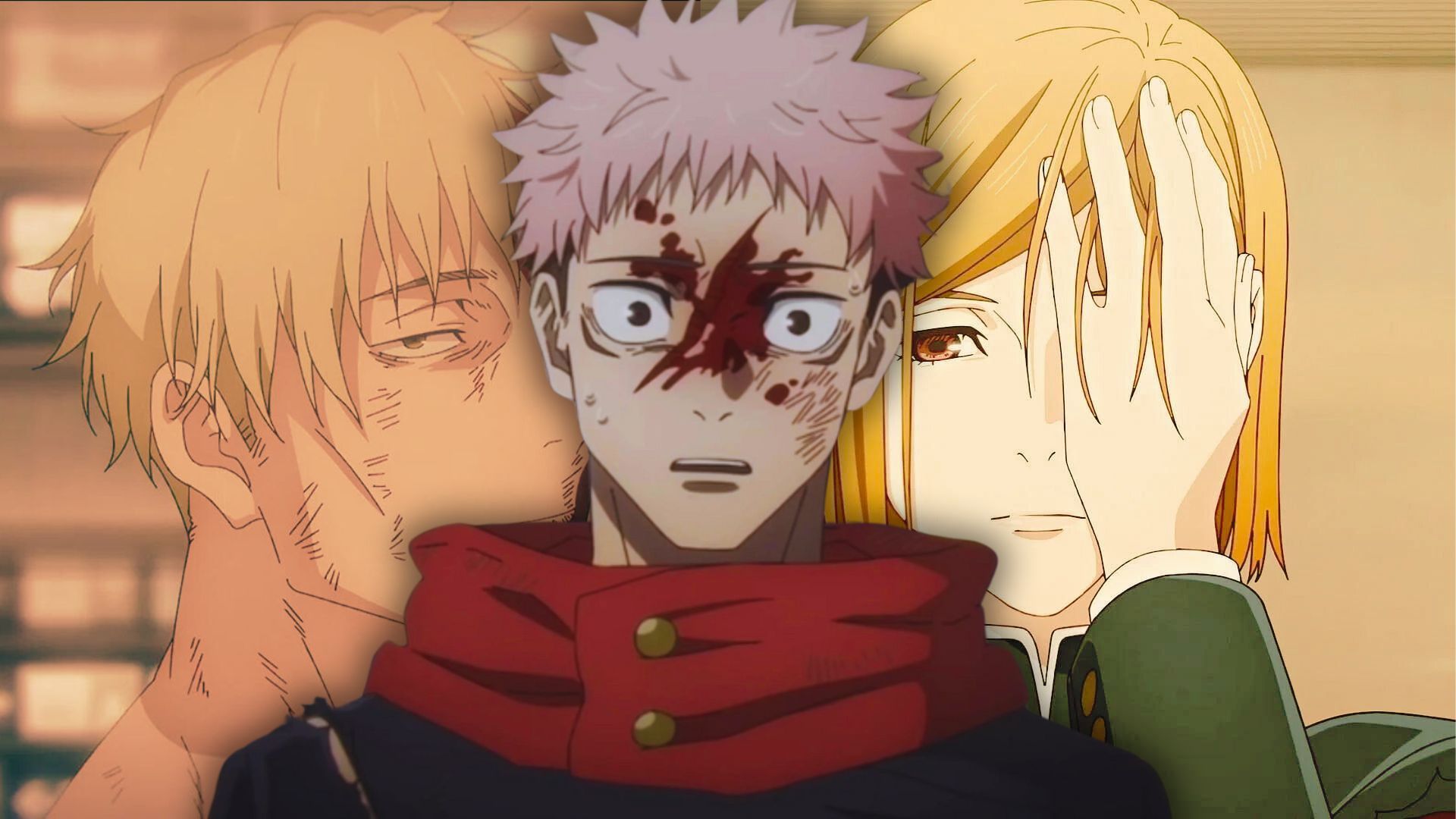 Nanami and Nobara dying moments in background with Yuji on the front injured and shocked