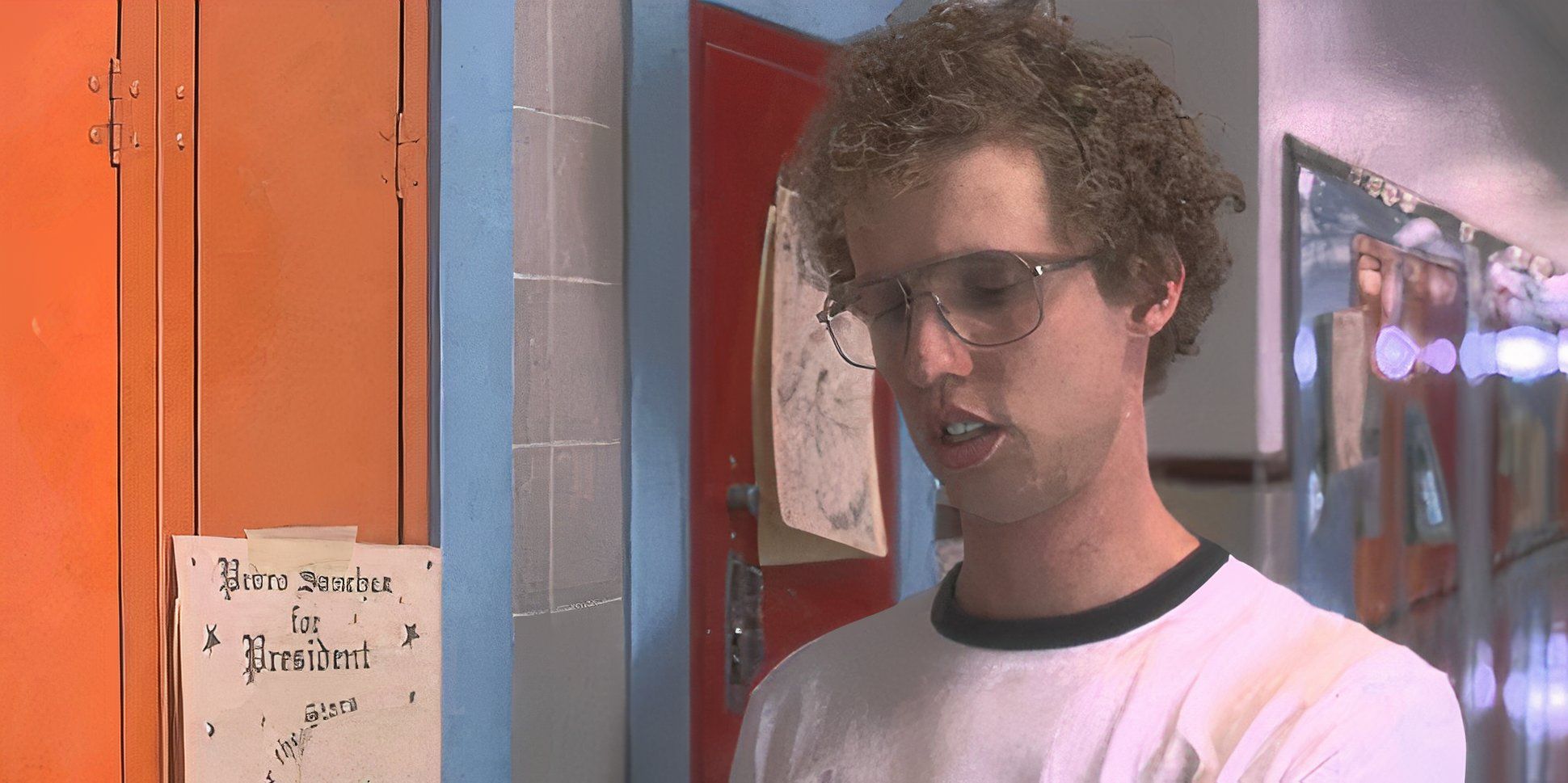 Napoleon talking to someone by the lockers off screen in Napoleon Dynamite