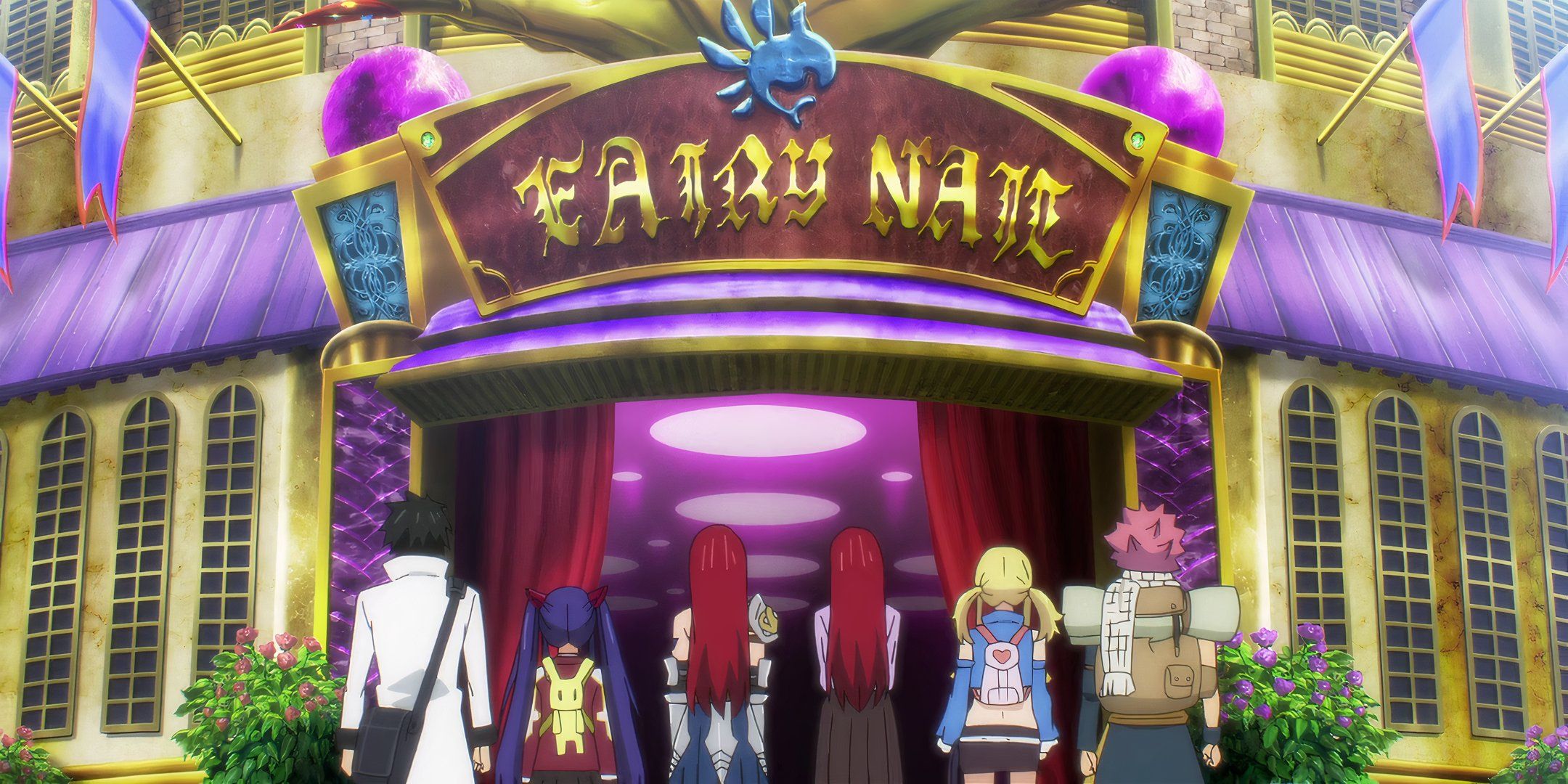 Natsu Grey Erza Lucy Wendy und Happy Carla stehen vor der Fairy Nail Guild in Fairy Tail 100 Years Quest