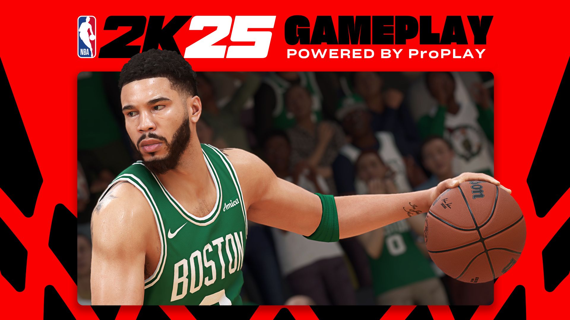 NBA 2K25-Gameplay – Ein Celtics-Spieler dribbelt den Ball mit dem 2K-Logo im Hintergrund