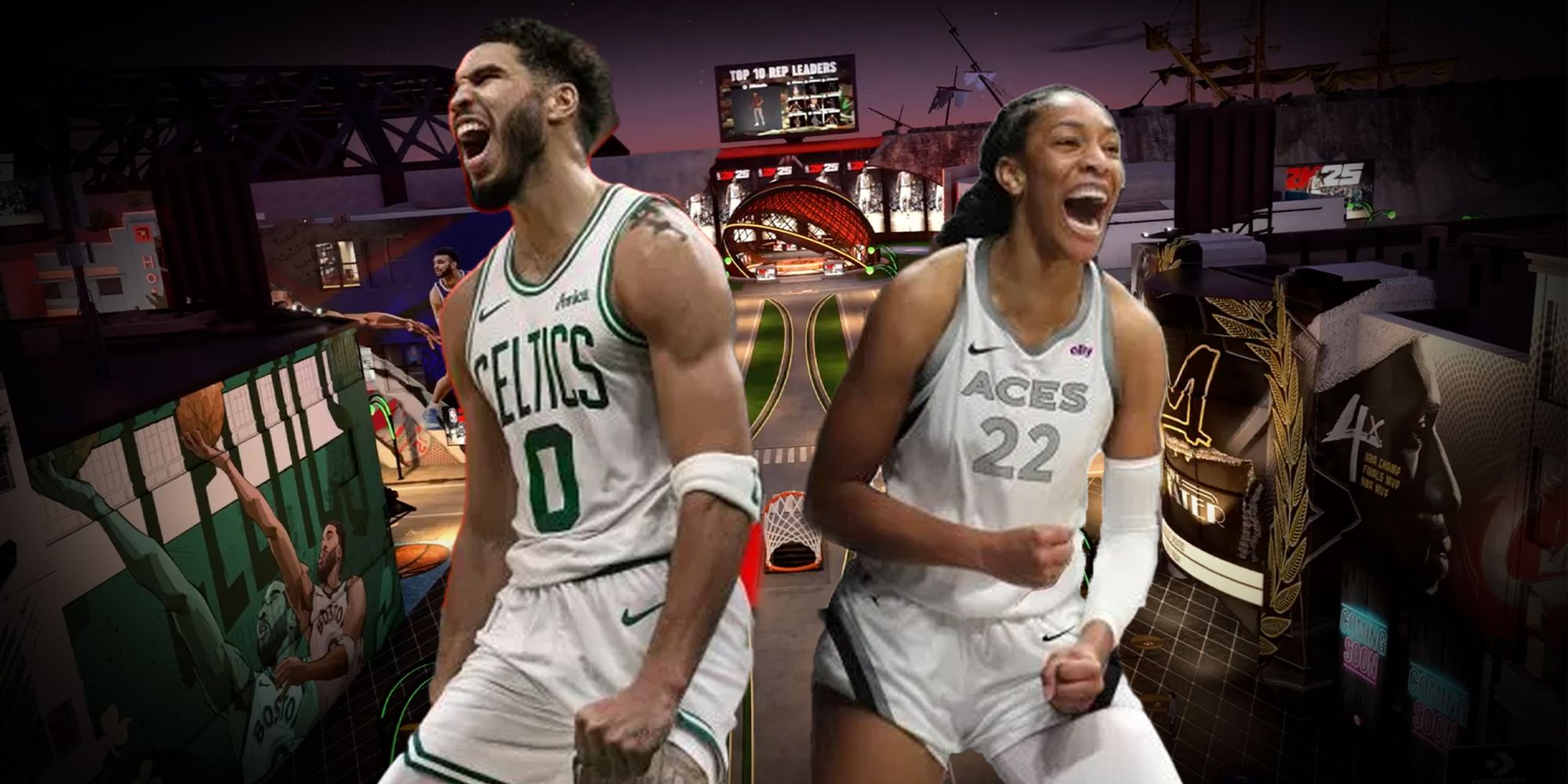 NBA 2K25 - Jayson Tatum and A&rsquo;ja Wilson with The City behind them