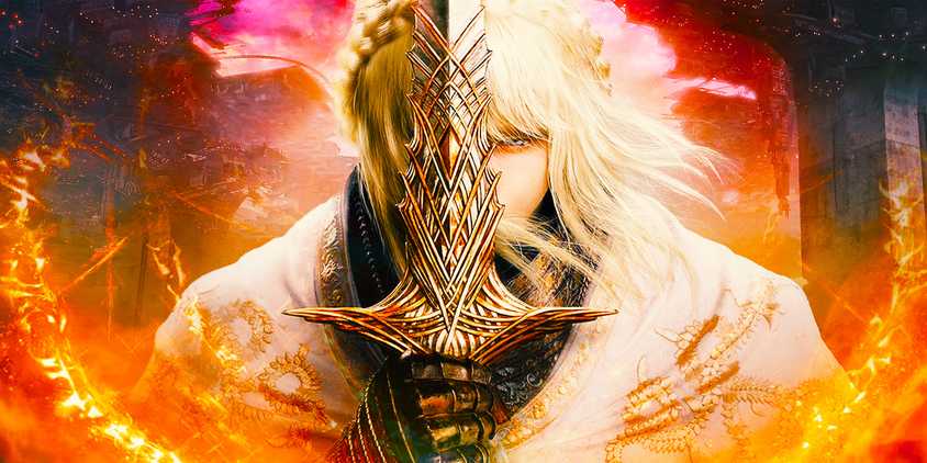 Leda from Elden Ring: Shadow of the Erdtree, with a background from Armored Core 6.