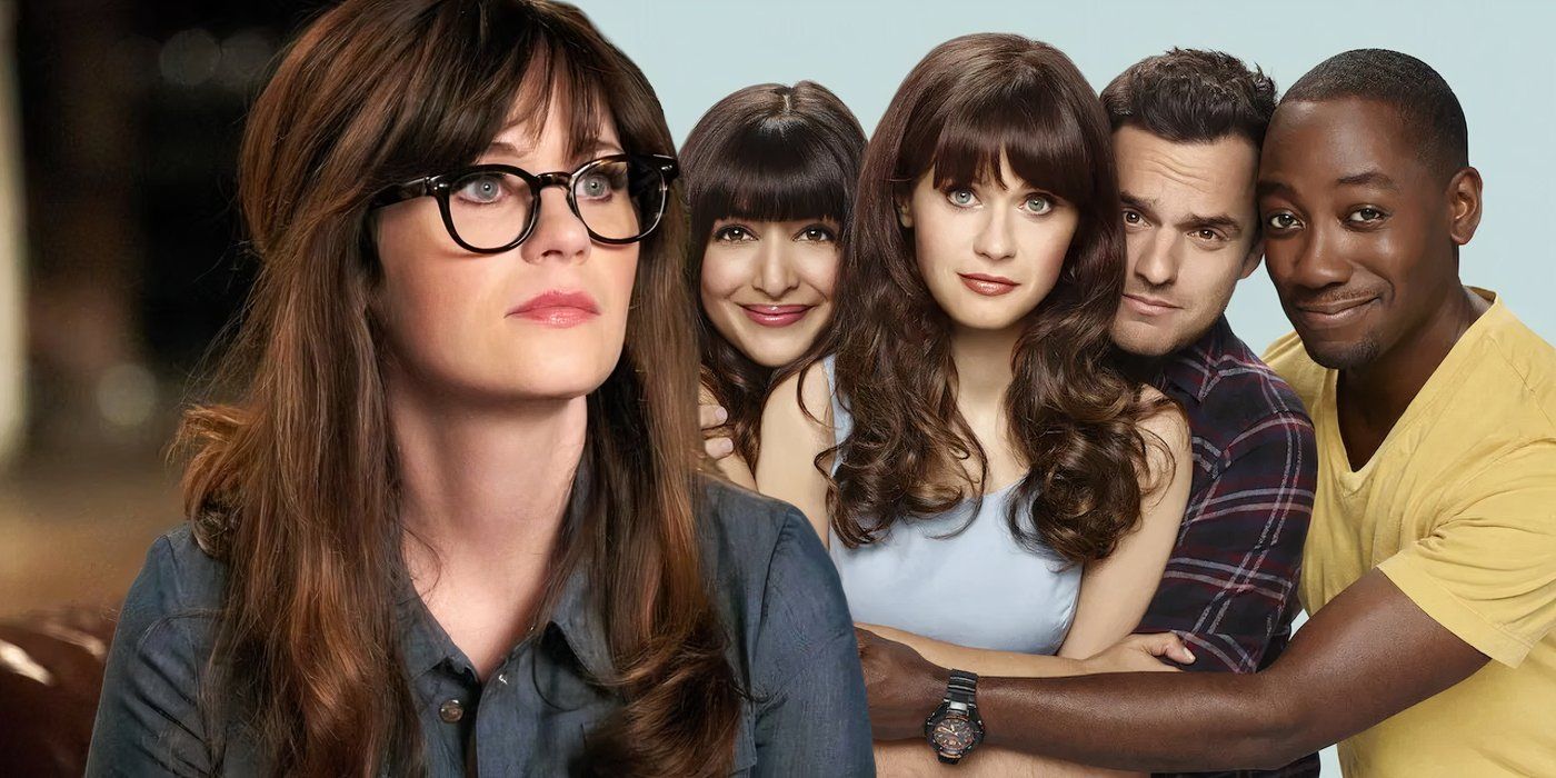 A composite image of Jess looking up from her computer in front of Jess being hugged by the cast of New Girl