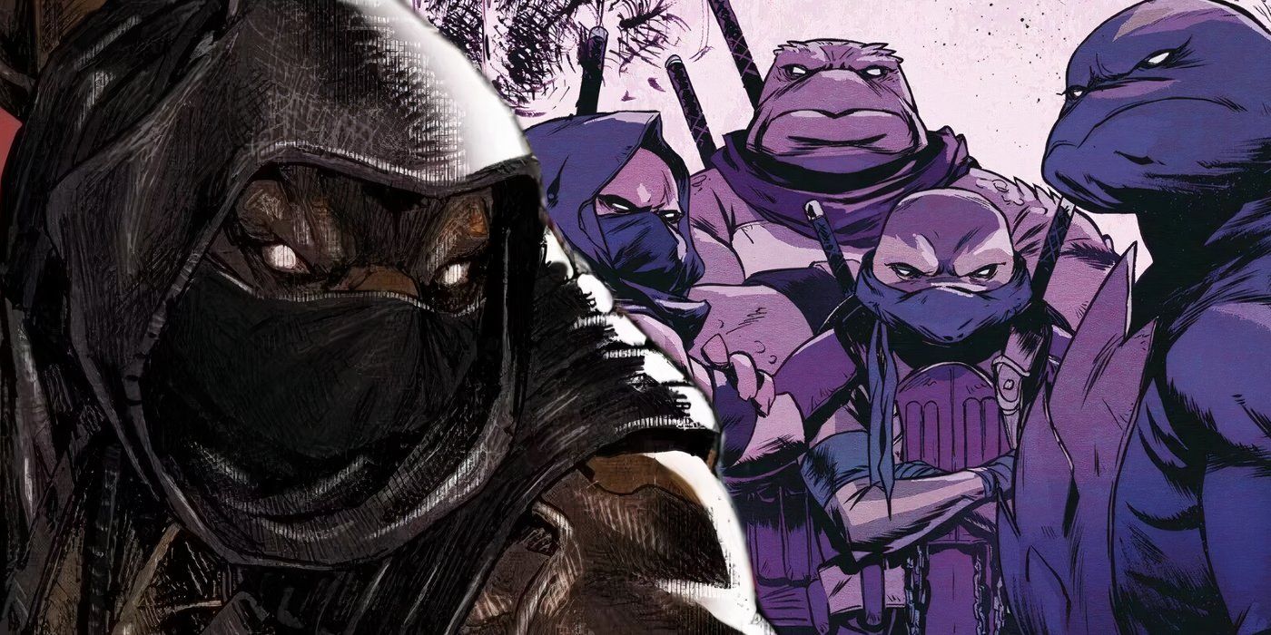 Ninja-masked Last Ronin turtle to the left and new TMNT team to the right