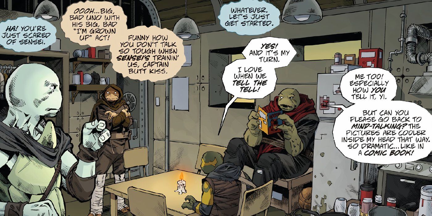 New TMNT take a break from mind-talking as they lounge around their home