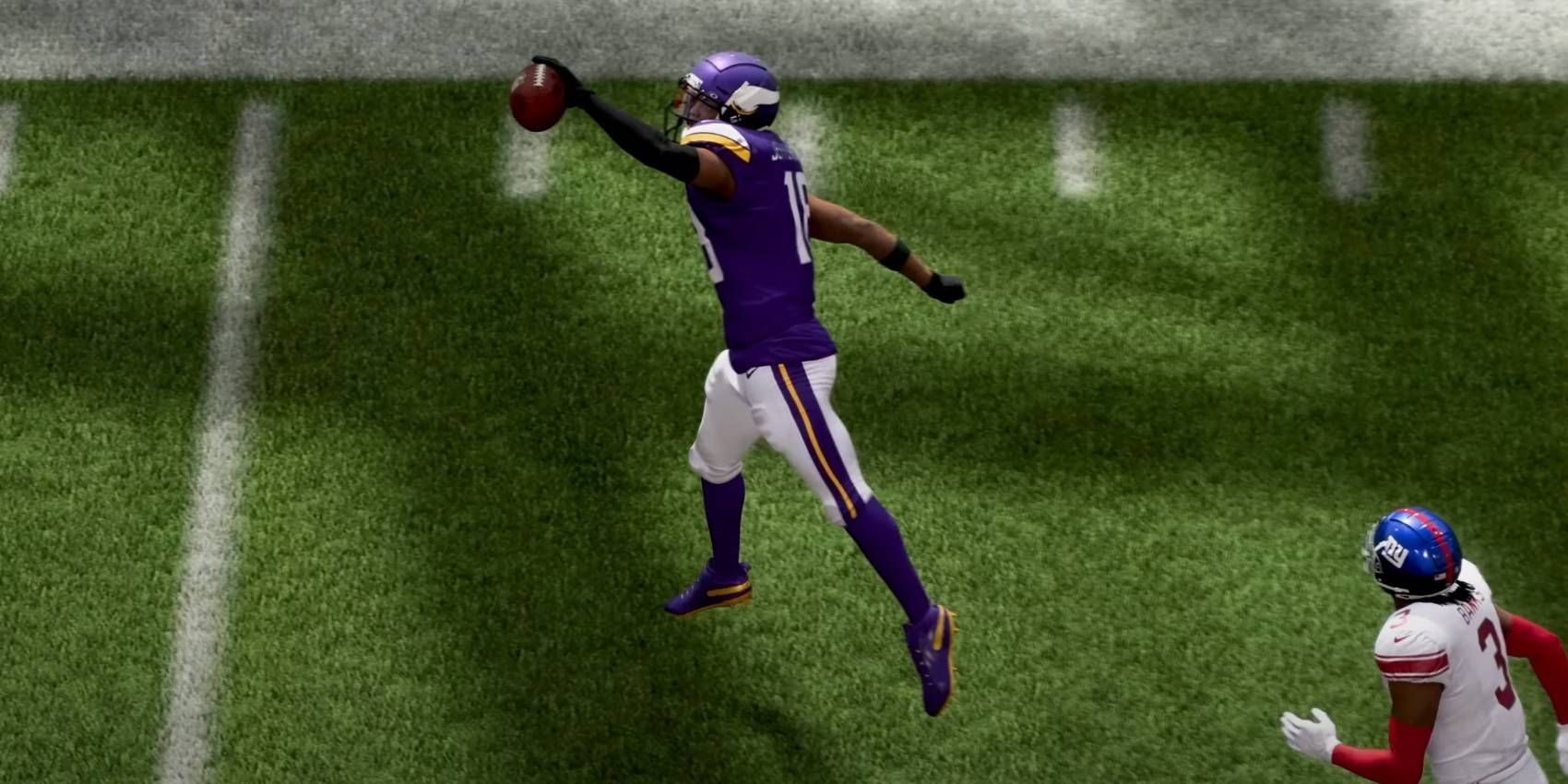 Receptor Madden 25 Vikings fazendo uma recepção com uma mão