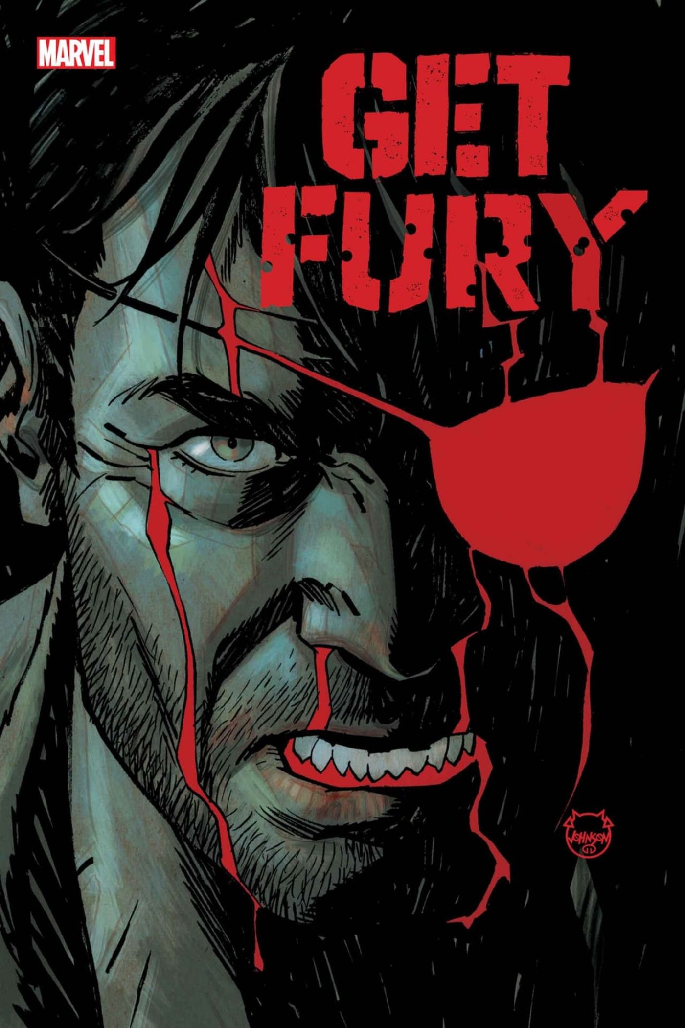 Tomemos como ejemplo la portada de Fury #4, que presenta el rostro de Nick Fury cubierto de sangre.