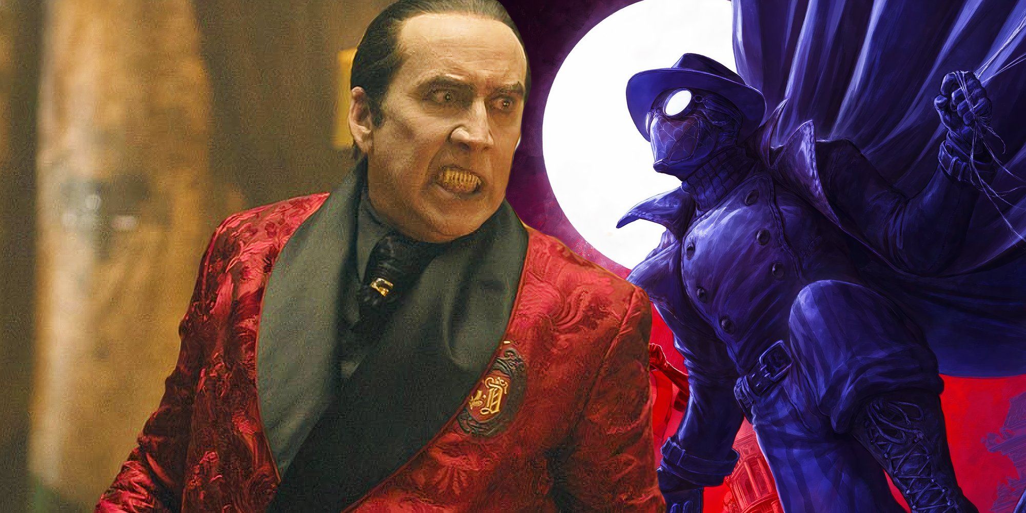 Nicolas Cage as Drakula in Renfield (2023) next to comic book art of Spider-Man Noir