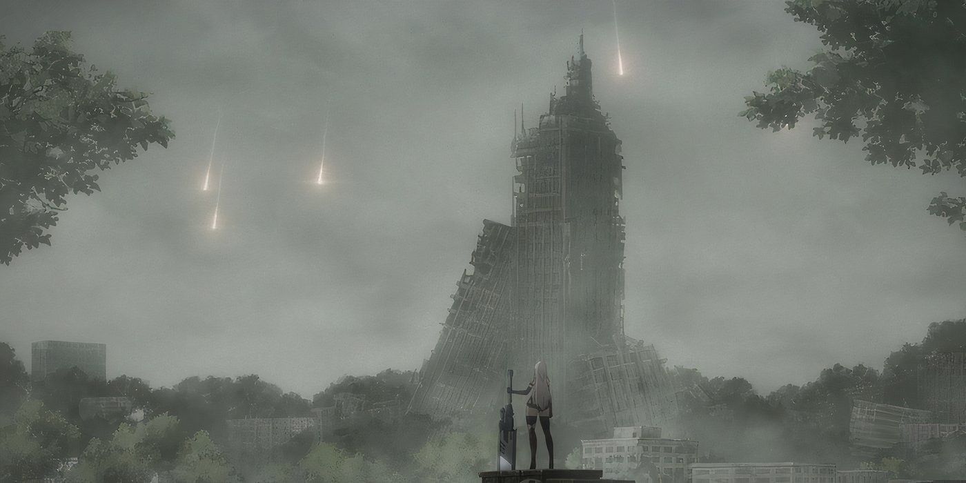 Nier Automata 2A: Parts of the bunker fall back to earth after its destruction