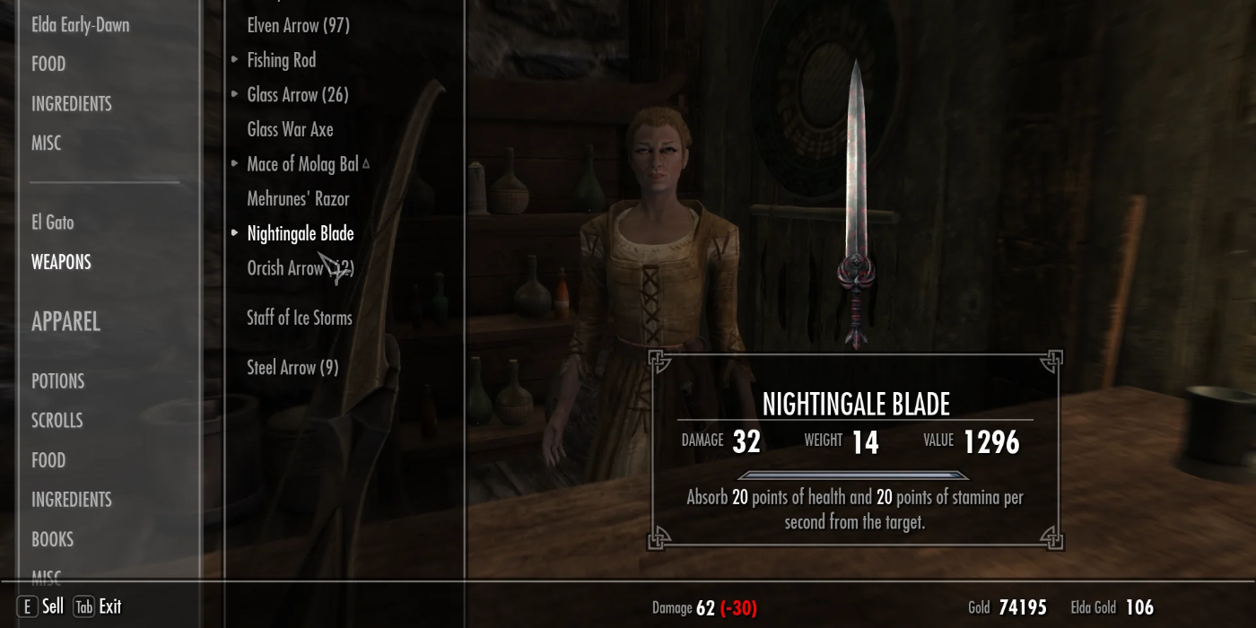 Players looking at Nightingale Blade weapon and stats in their inventory in Skyrim.