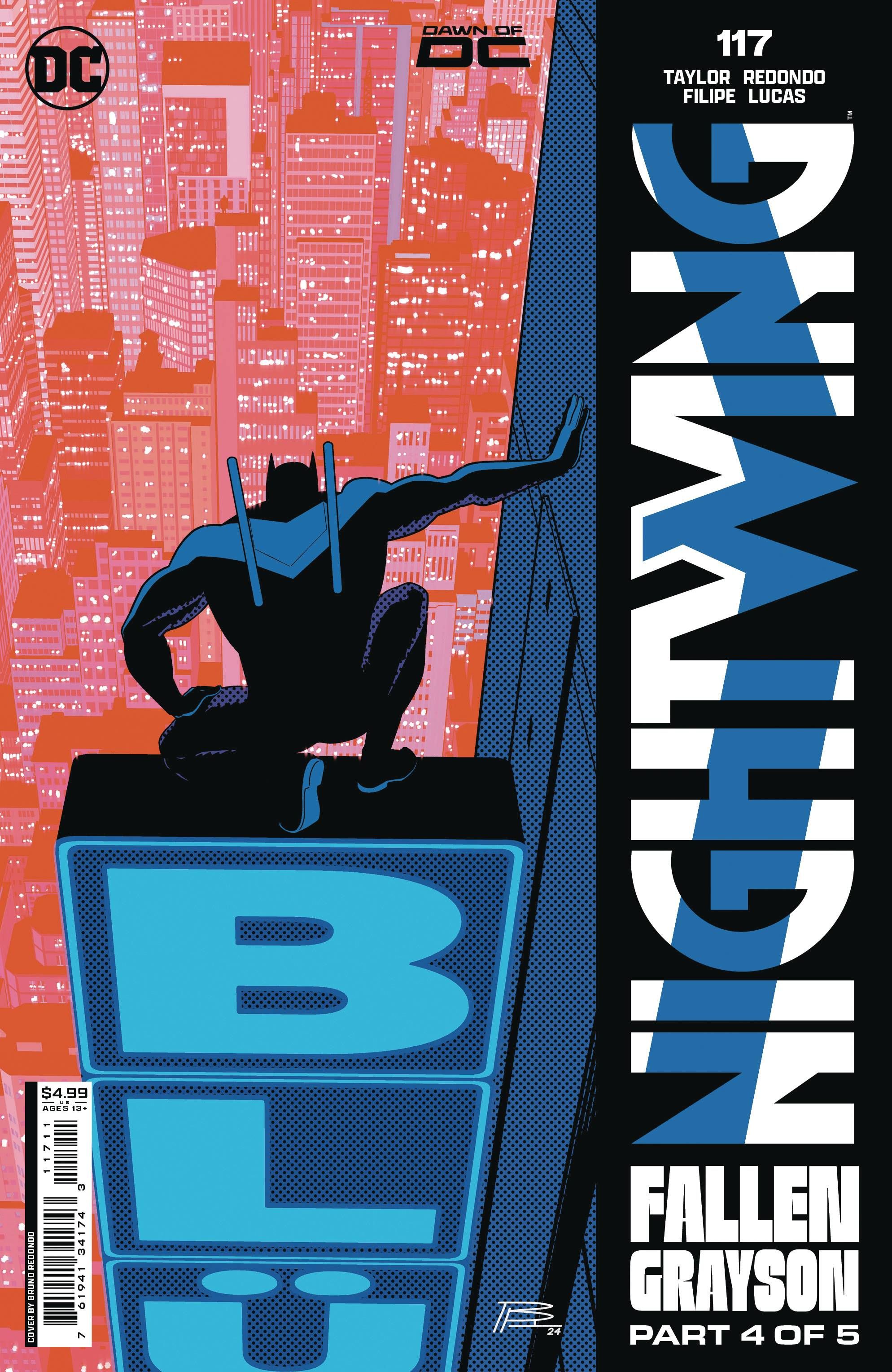 Nightwing 117 Main Cover: Batman, dressed as Nightwing, crouches over a sign in Bludhaven.