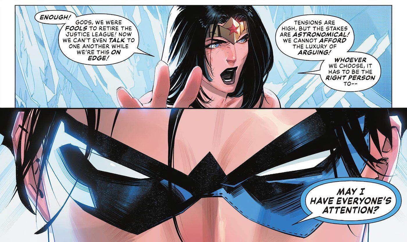 Comic-Panel aus Absolute Power Nr. 2: Nightwing erregt jedermanns Aufmerksamkeit, während Wonder Woman versucht, die Gerechtigkeitsliga dazu zu bringen, sich auf einen Anführer zu einigen.