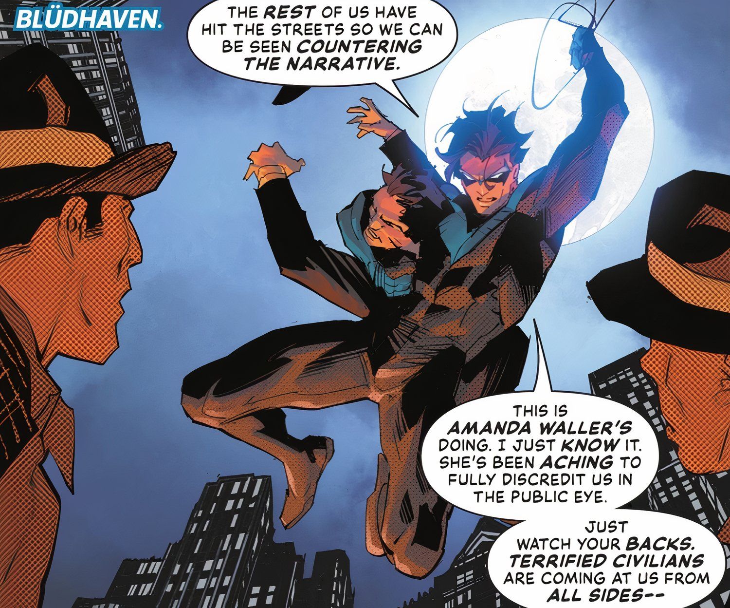 Nightwing Swinging Through Streets While People Look On DC
