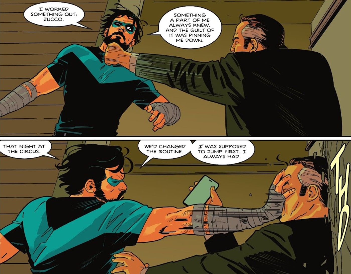 Comic book panels: Nightwing faces Tony Zucco during their first fight.