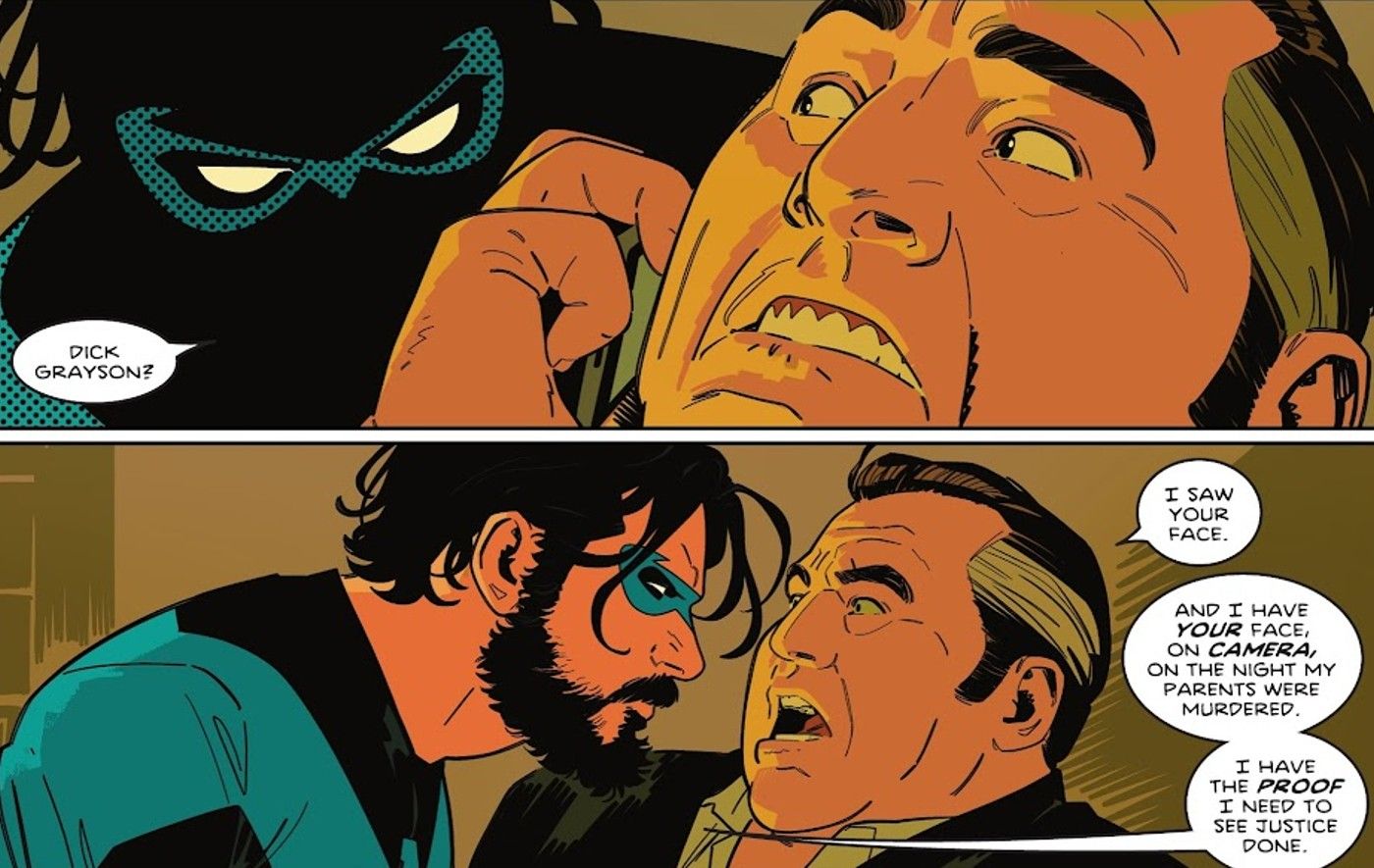 Comic book panels: Nightwing confronts Tony Zucco about the Grayson murders.