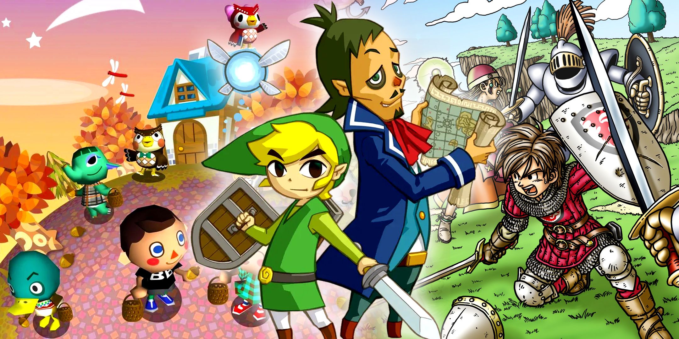 Art from Animal Crossing: Wild World, Zelda: Phantom Hourglass, and Dragon Quest 9