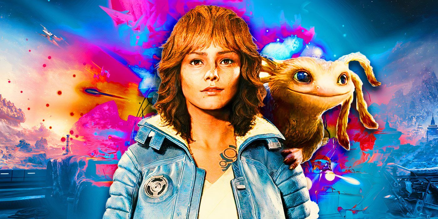 Nix sitting on Kay&rsquo;s shoulders with a vibrant blue and purple background behind them in Star Wars Outlaws