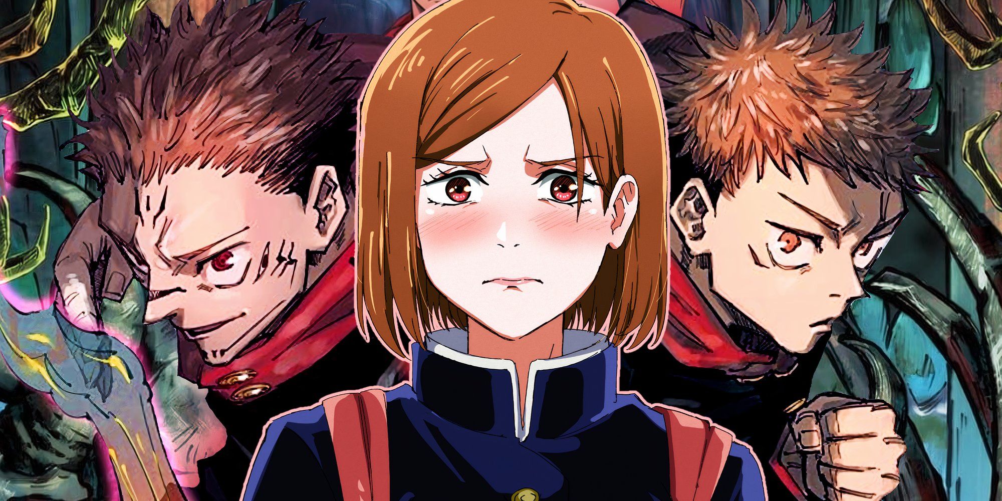 nobara from jujutsu kaisen looking sad with yuji and sukuna in yuji form behind her