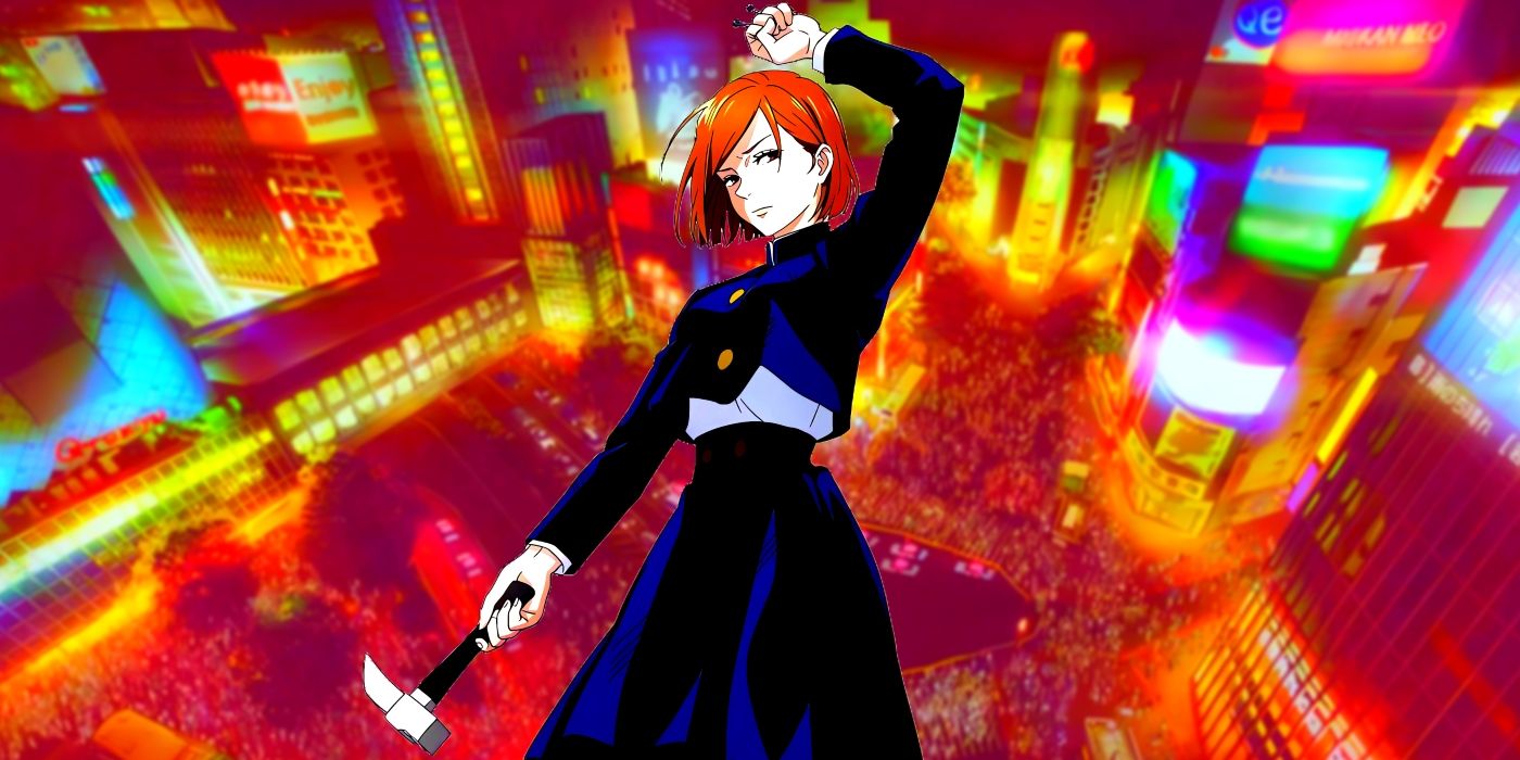 Nobara standing with her nails and hammers ready for a fight. Behind her, the center of Shibuya can be seen.